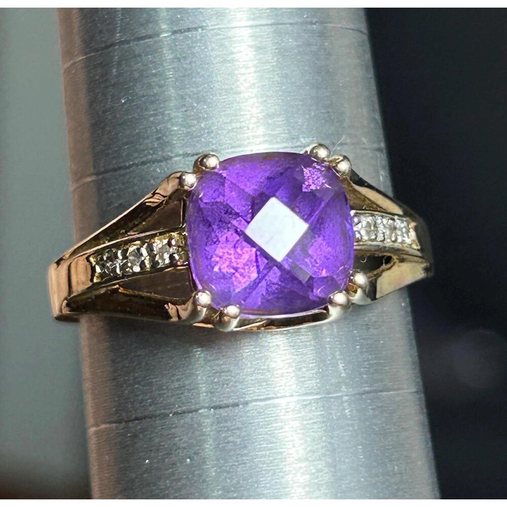 Vintage 10K Solid Yellow Gold genuine faced Purple amethyst diamond Stone Ring